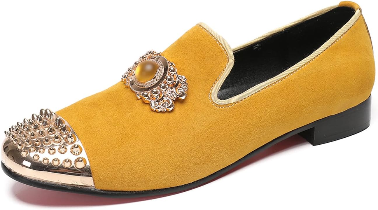 

Мужские лоферы Santimon слипоны из замши с металлическими заклепками на носке, мокасины в западном стиле с блестками топаза для свадьбы и вечеринки с курением, желтый