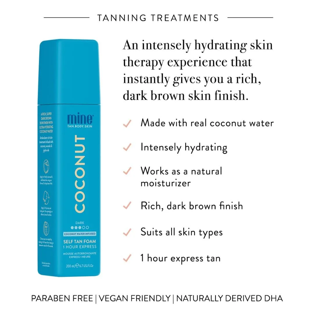 Minetan Self Tan Foam Coconut - экспресс-автозагар за 1 час, мусс для темного бронзового оттенка, для лица и тела, увлажняющее сияние, Vegan & Paraben Free, 200 мл 198 мл (1 шт.) Minetan Body.Skin, Dark — фото 3