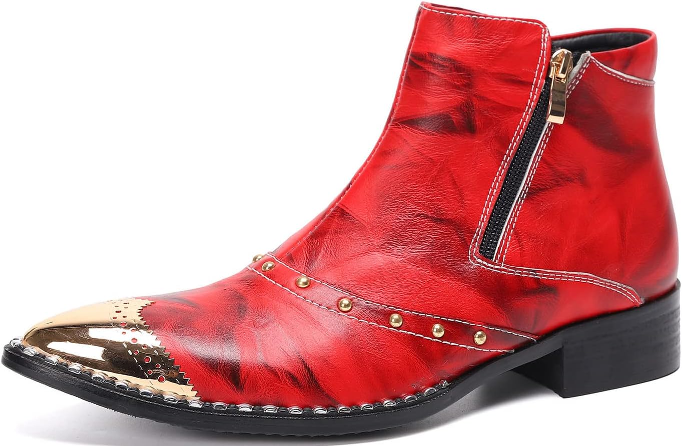 

Мужские ботинки Chelsea Santimon - настоящая кожа, западные ботинки до щиколотки с металлическим носком и двойной молнией - классические и повседневные ботинки для вечеринки, дискотеки, свадьбы, выпускного, для певца, красный