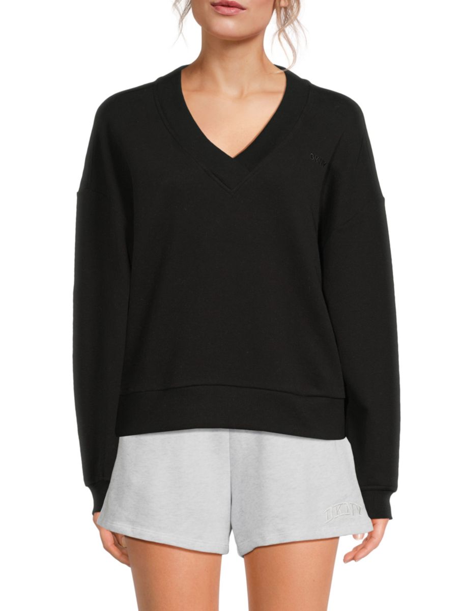 

Вышитая хлопковая толстовка с V-образным вырезом DKNY, черный