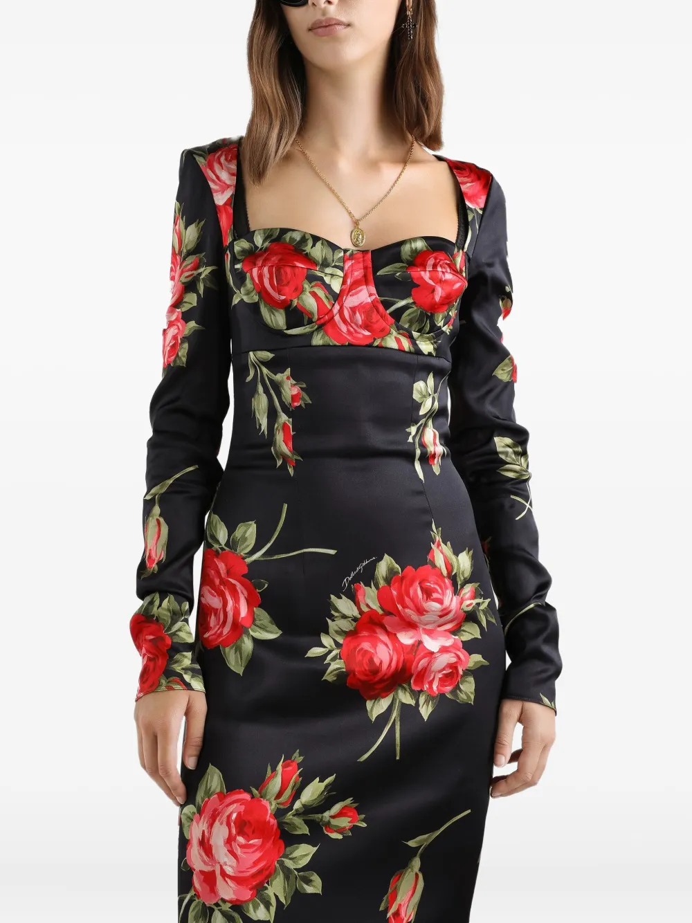 Платье миди с цветочным принтом и длинными рукавами DOLCE & GABBANA, черный — фото 4