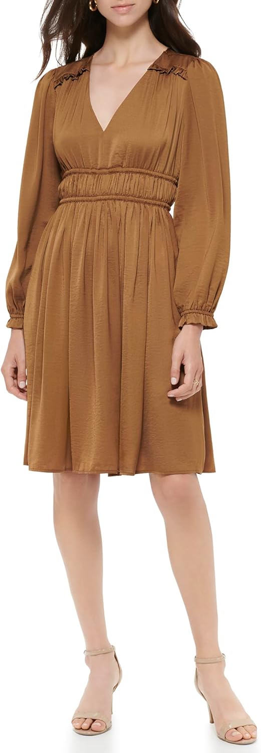 

Женское облегающее платье Tommy Hilfiger с V-образным вырезом и длинными рукавами, расклешенное к низу, Hazelnut