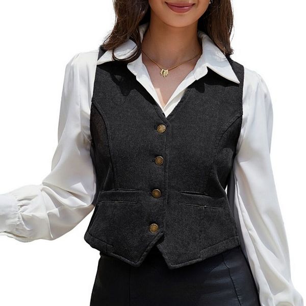 

Женский жилет без рукавов с V-образным вырезом и застежкой на пуговицы Yesfashion, Black