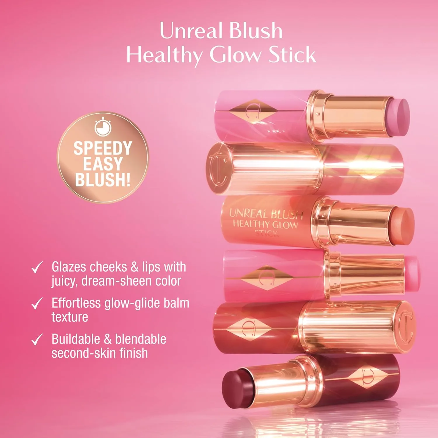 Румяна-стик Charlotte Tilbury Unreal Healthy Glow - кремовая текстура с возможностью наслаивания и ухаживающими компонентами - легко наносятся, растушевываются и придают коже сияние., Pinky Glow - vibrant cool pink — фото 3