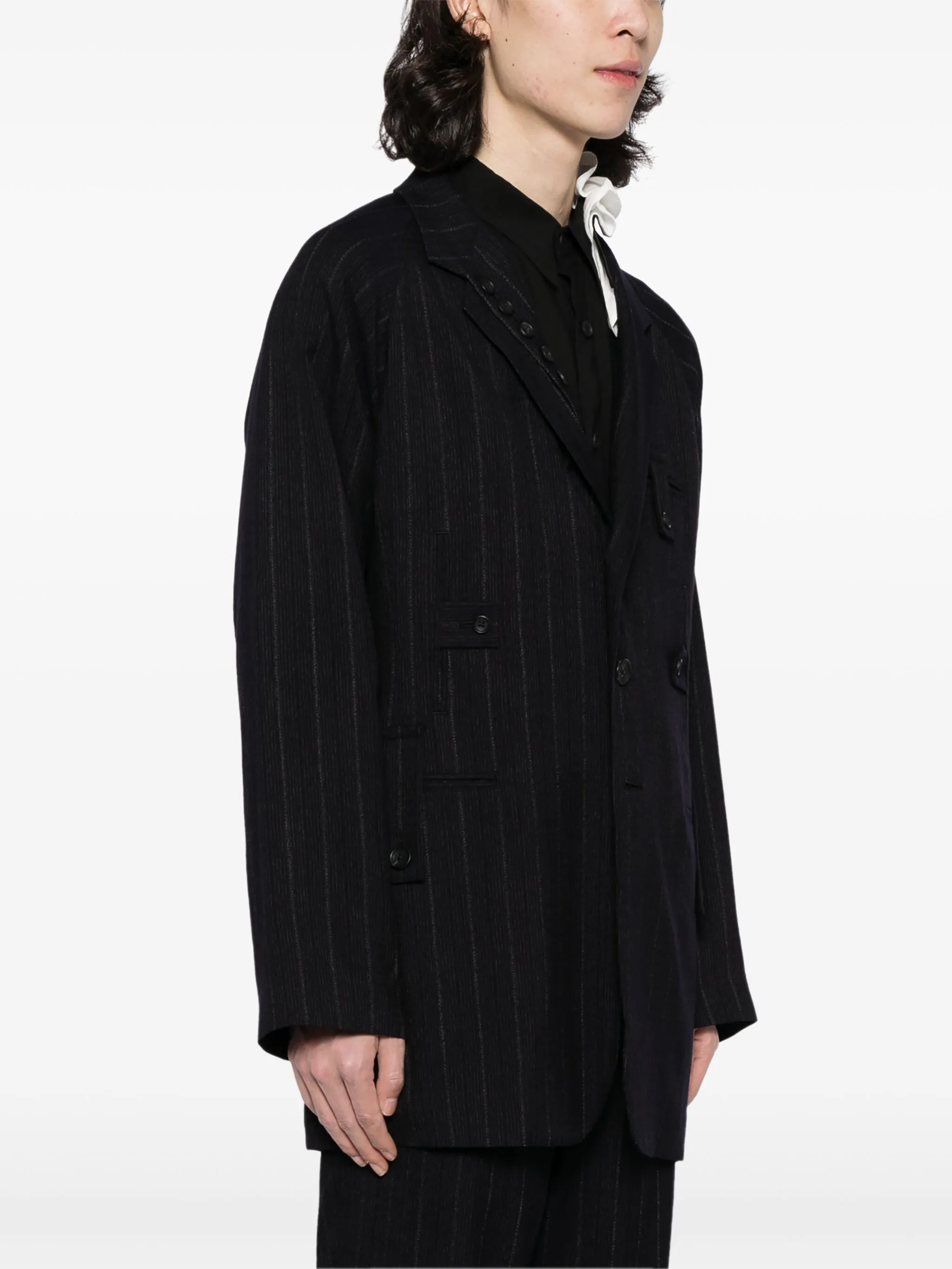 Однобортный блейзер в тонкую полоску Yohji Yamamoto, черный — фото 3