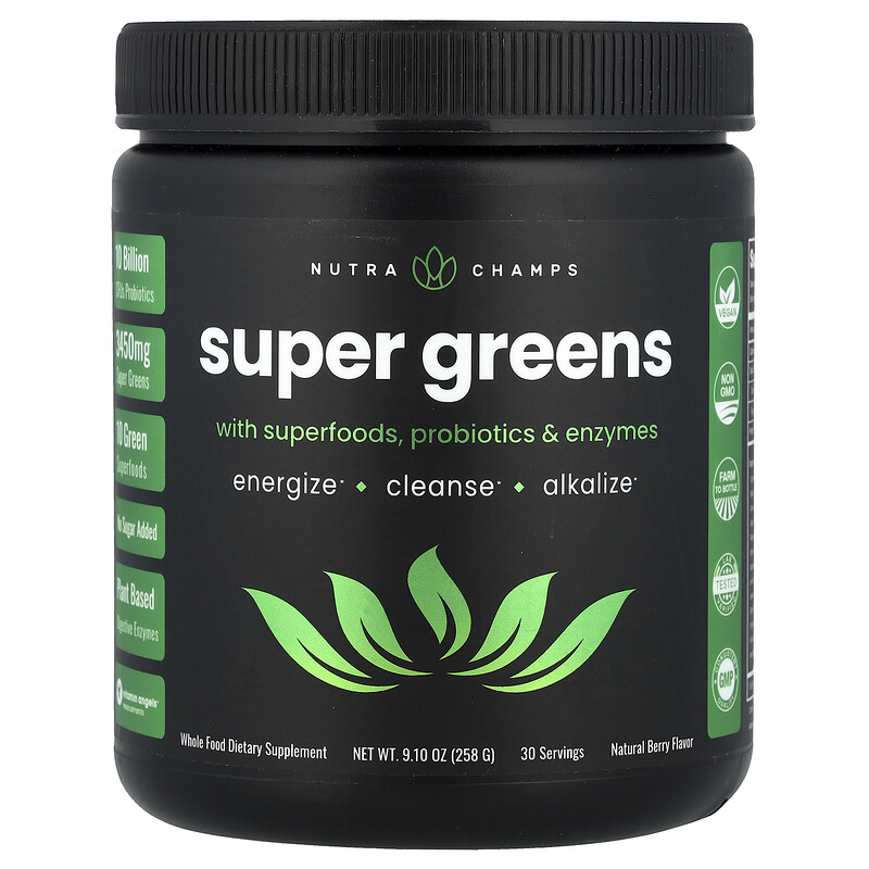 

NutraChamps, Super Greens с суперпродуктами, пробиотиками и ферментами, натуральные ягоды, 258 г (9,10 унции)