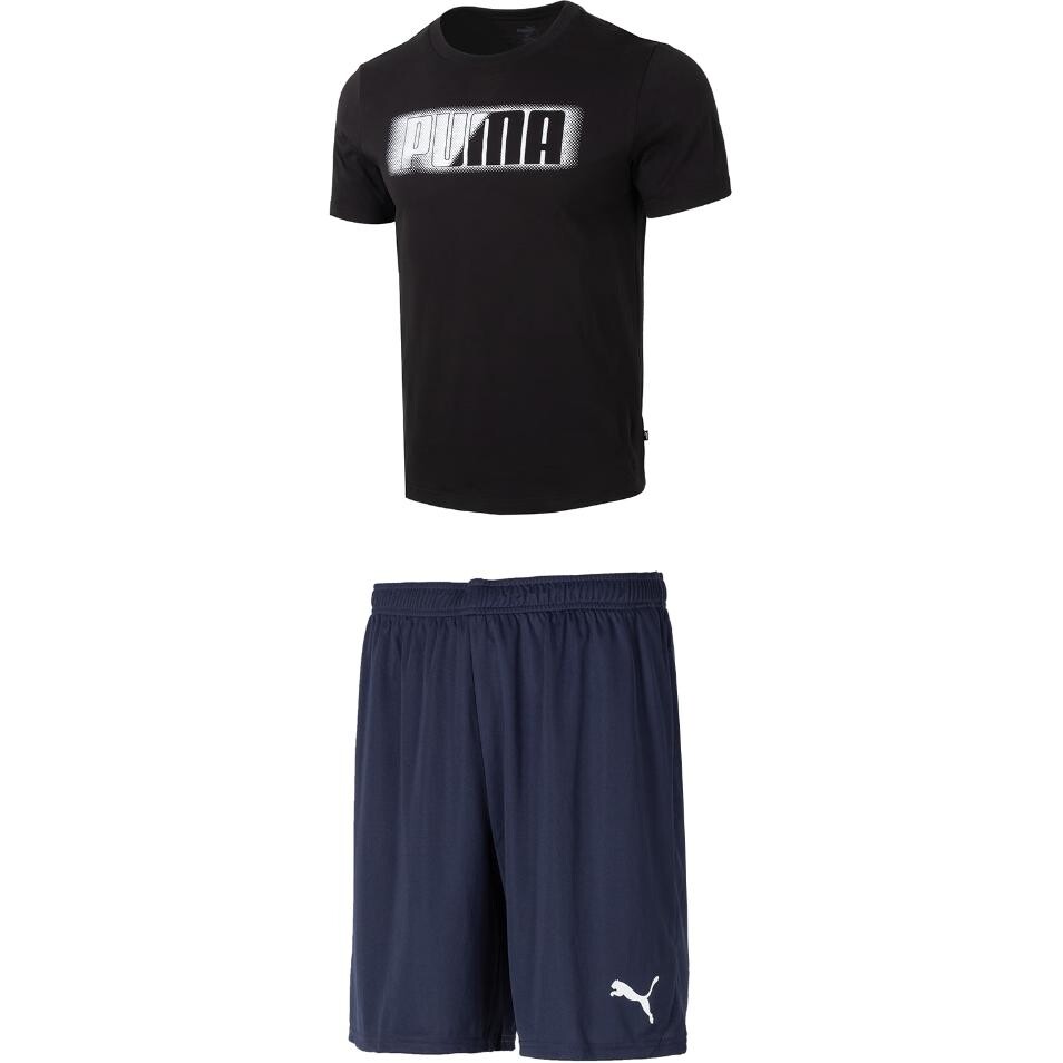 

Повседневный спортивный мужской комплект: черный топ и темно-синие шорты Puma, черный