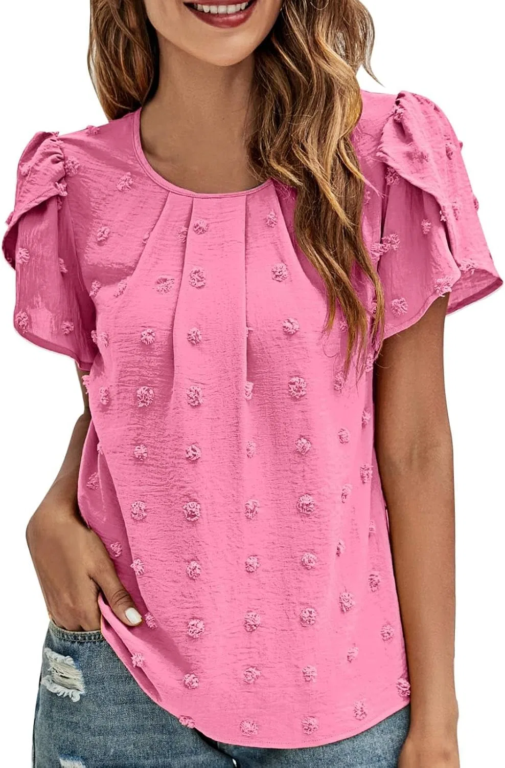 Блуза женская, повседневная, с круглым вырезом, короткий рукав, hotpink