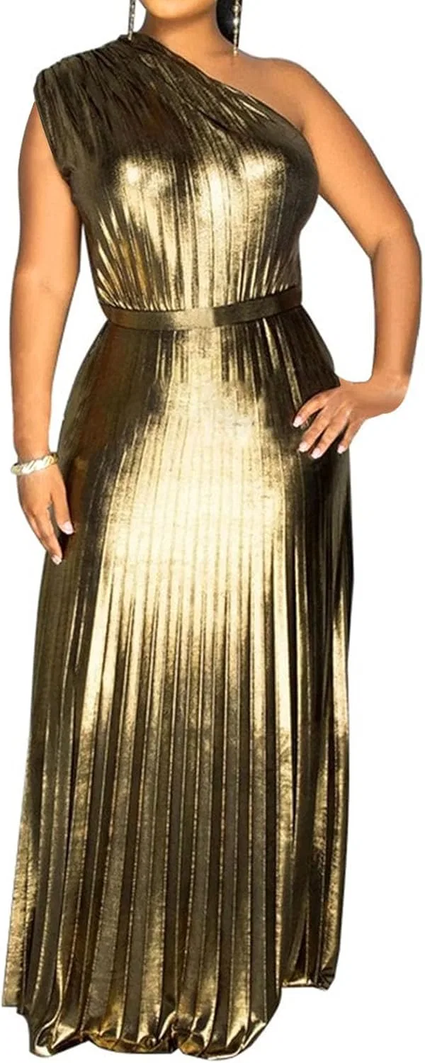Generic Золотое платье Women's Elegant с одним плечом длинное плиссированное вечернее платье Formal без рукавов — фото 2