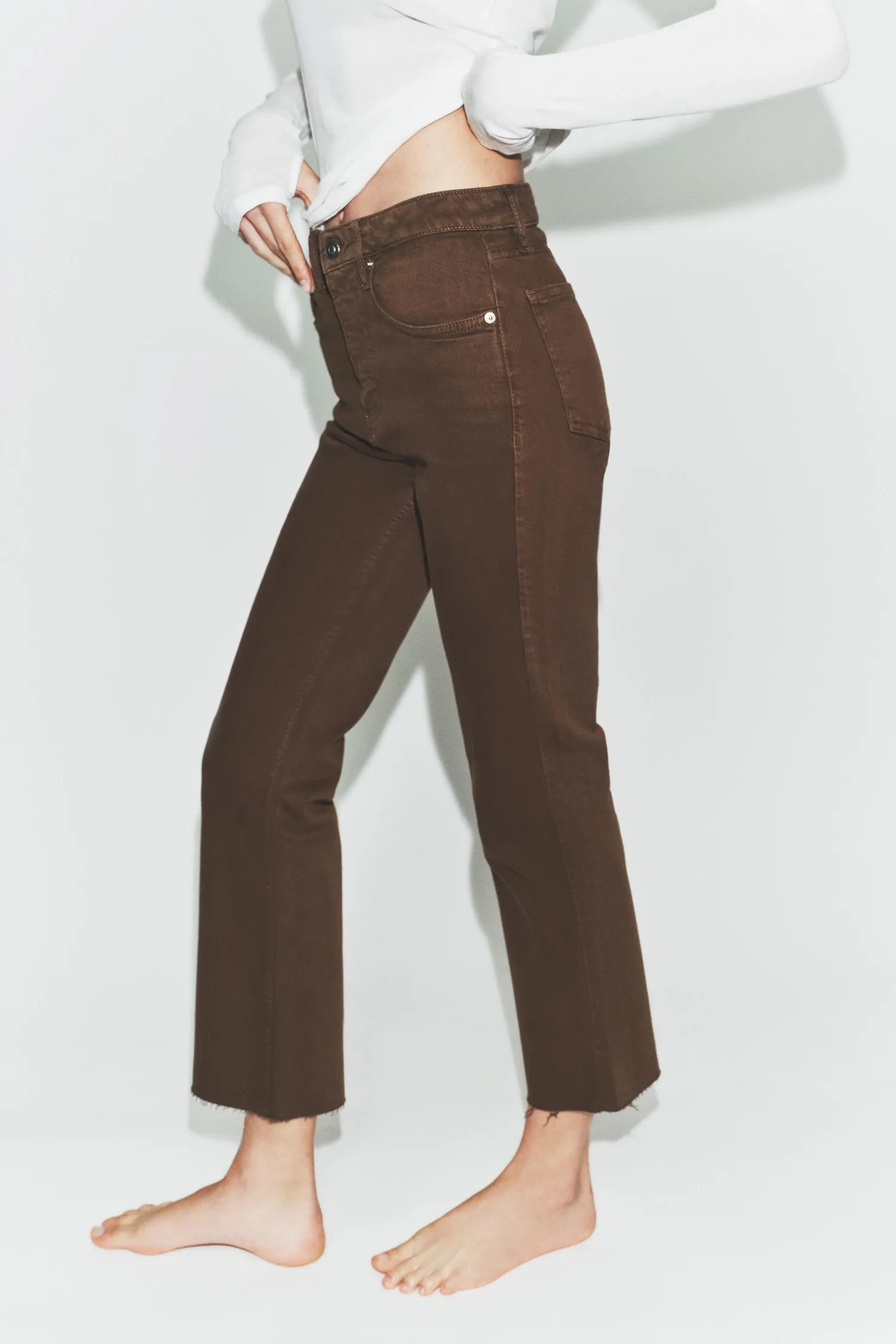 Укороченные джинсы-клеш с высокой талией trf Zara, коричневый — фото 4