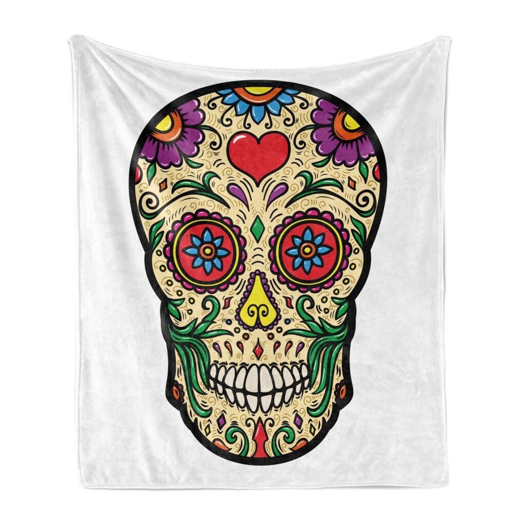 

ABAKUHAUS Day of the Dead Мягкое фланелевое флисовое одеяло, Jumble Sugar Skull, уютный плюш для использования в помещении и на улице, 125 x 175 см, бледно-желтый, многоцветный, мультиколор