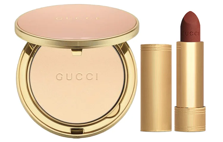 GUCCI Пудра для макияжа Pleuche Lipstick Rose Gold с эффектом контроля жирности и стойкости 10 г + 3,5 г, Powder #01+Golden Tube Lipstick #505
