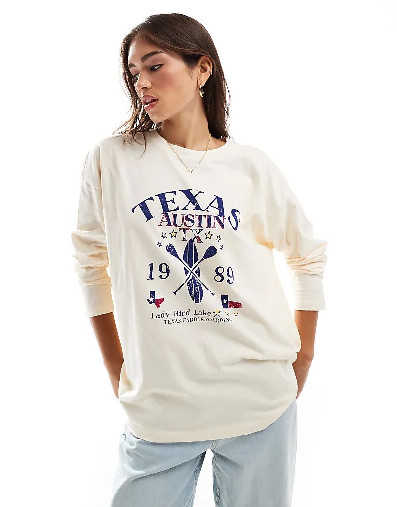 

Футболка с длинным рукавом и принтом доски для паддл-серфинга Austin Texas цвета экрю ASOS DESIGN