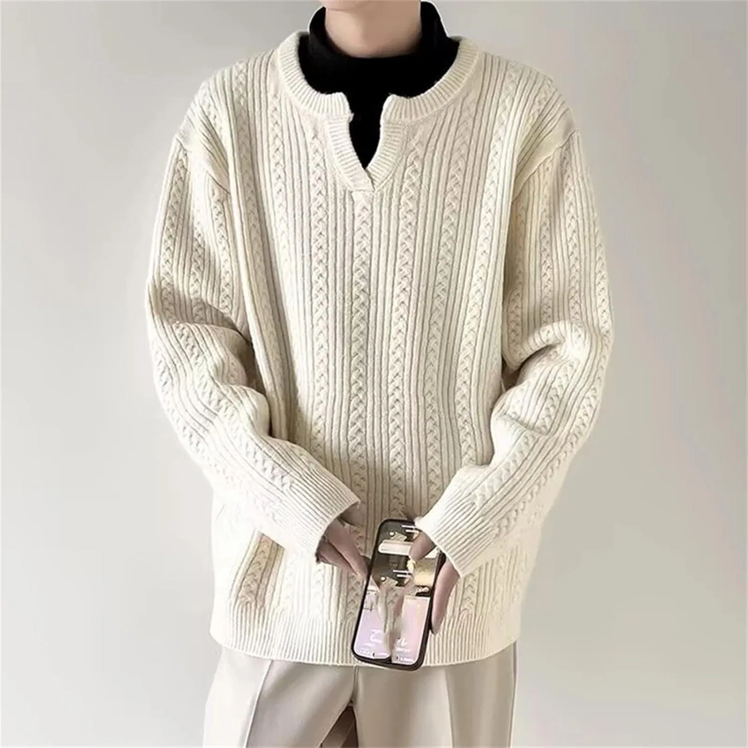 Мужской однотонный повседневный свитер Trendy Crochet Knitted Vintage с длинными рукавами и V-образным вырезом Generic, синий — фото 4