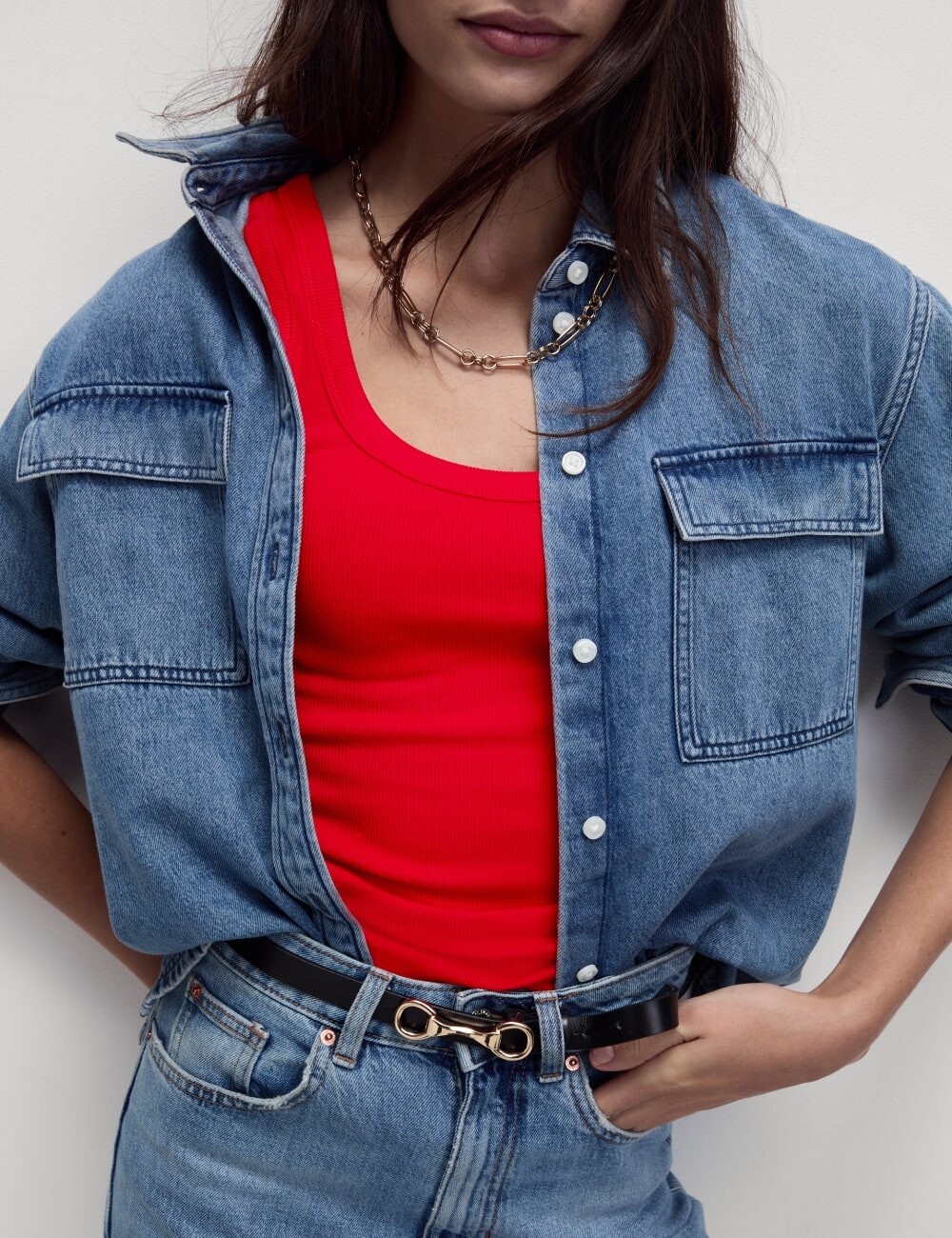 

Облегающий топ-майка из хлопка с отделкой в рубчик Marks & Spencer, цвет Poppy