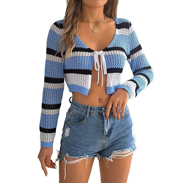 

Женский кардиган с запахом и укороченным кроем, цветные блоки и полоски, длинный рукав, защита от солнца Prettypetal, Blue