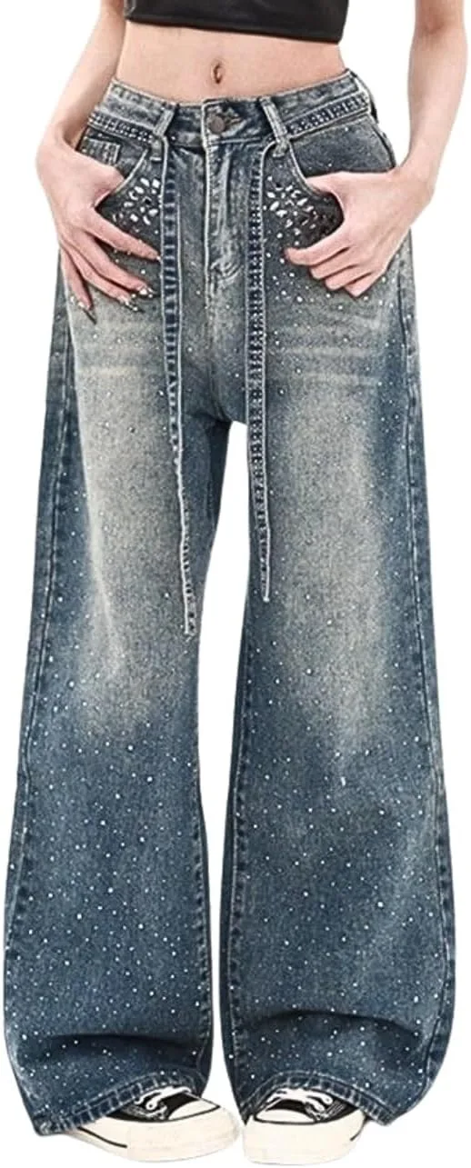 

Багги джинсы с пайетками High Waisted Straight Leg для женщин OTEEGX