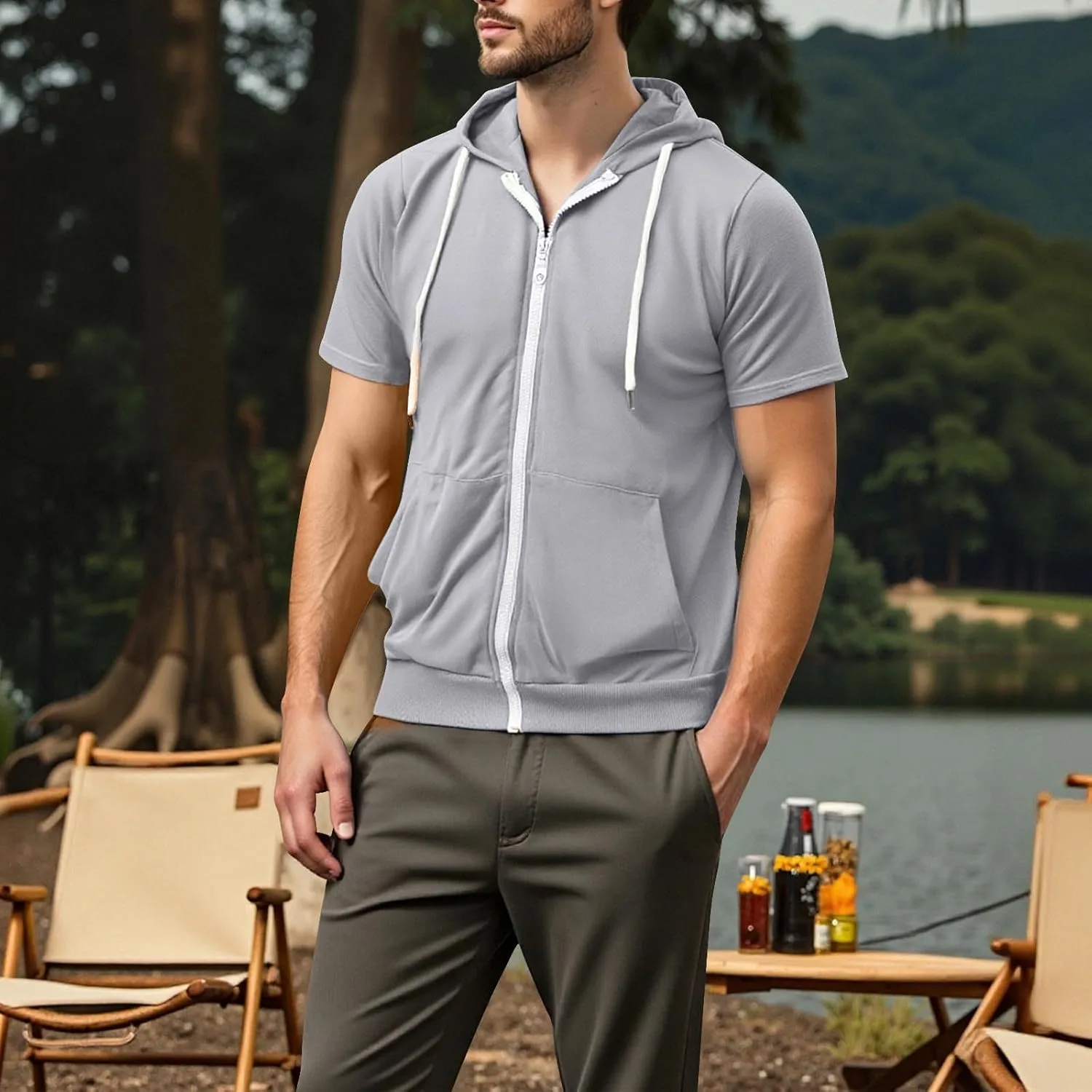 Мужская худи с капюшоном Slim Fit, короткий рукав, с карманом-кенгуру — фото 4