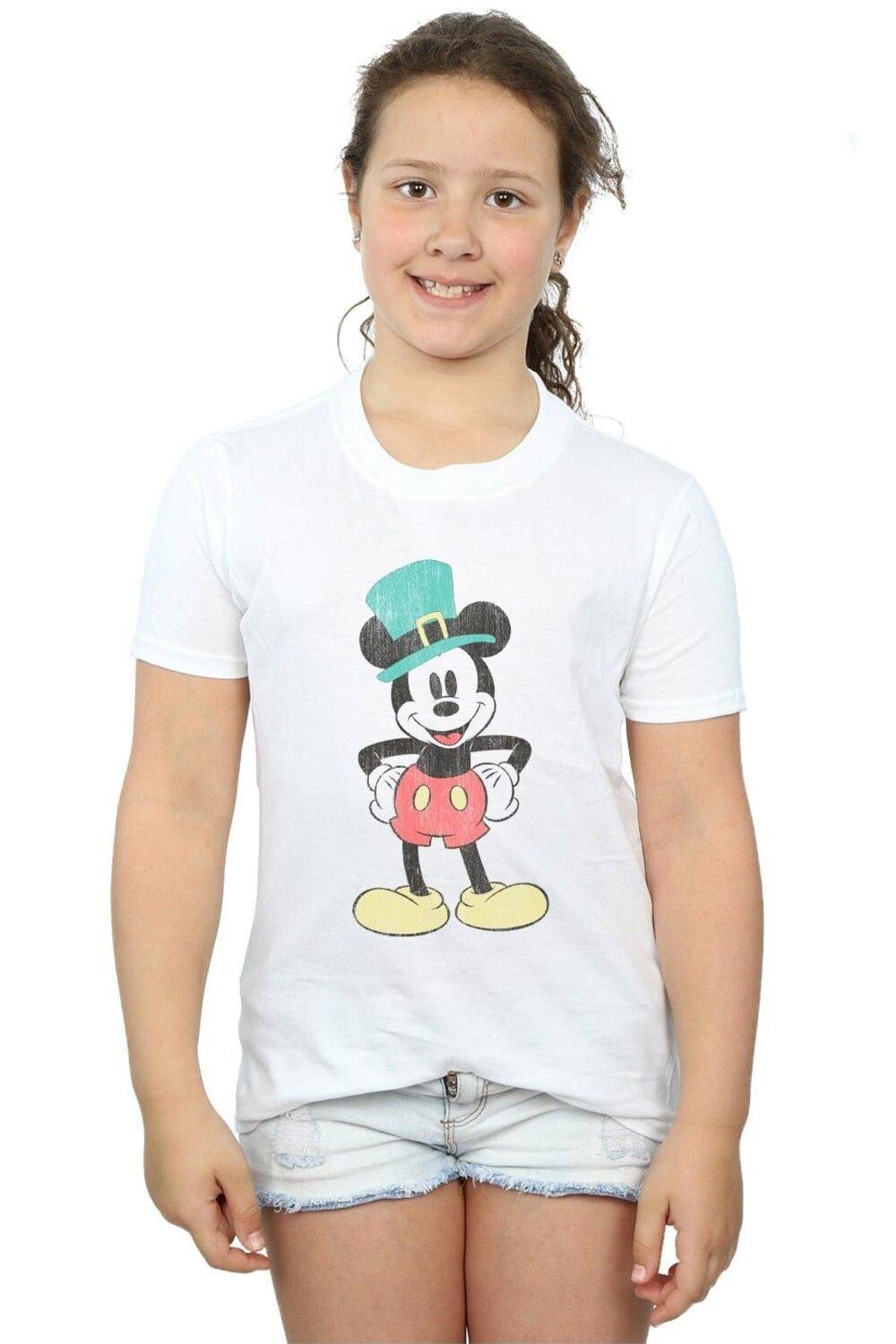 

Микки Маус Лепрекон Шляпа Хлопковая футболка Disney, белый