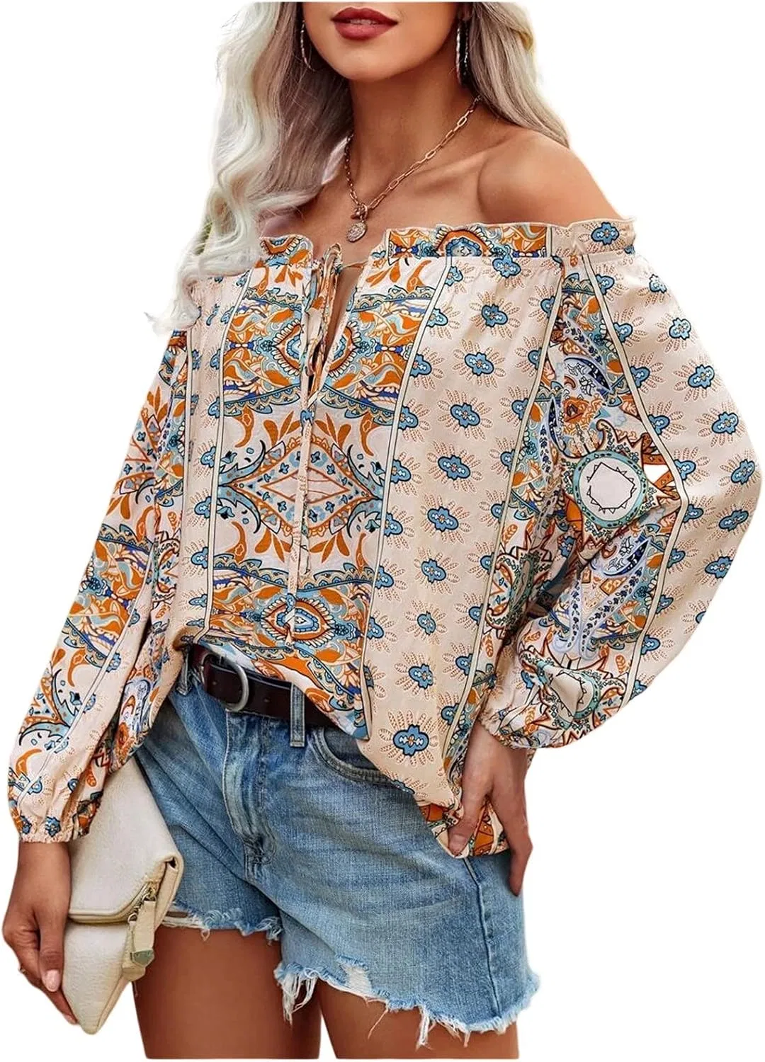 Блуза с цветочным принтом, off shoulder, длинный рукав, бежевый