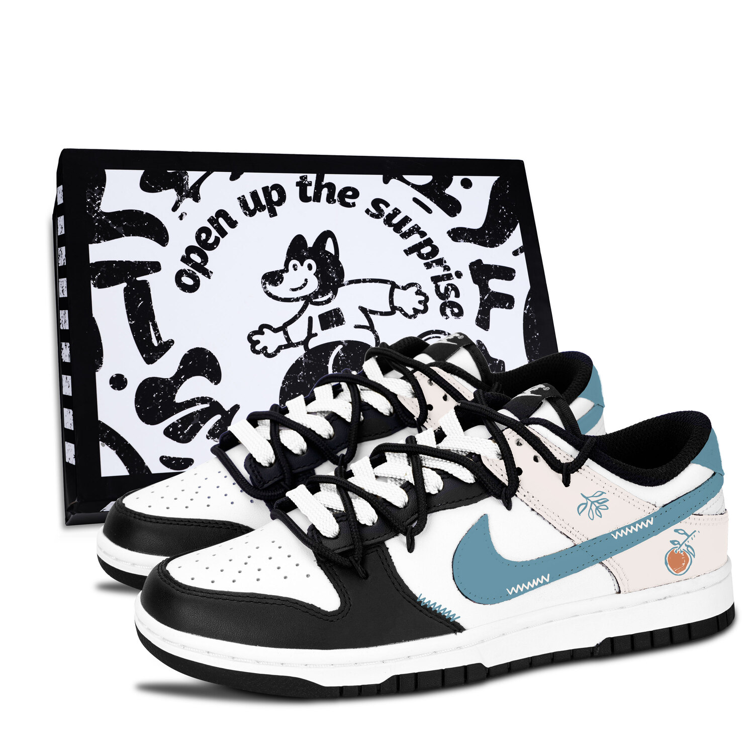 

Nike Dunk Black White, Light Orange Green Soft Leather Slip Resistant Abrasion Resistant Low top Skateboard Shoes Cyan