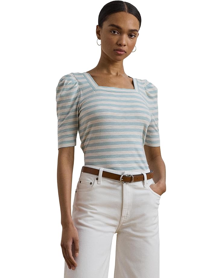 

Футболка Lauren Ralph Lauren Petite Striped Cotton Jersey Puff-sleeve Tee, цвет Aqua Pearl/Mascarpone Cream