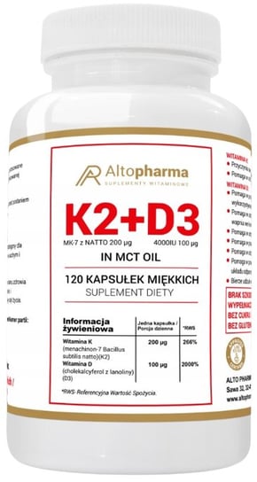 

AltoPharma, Витамин K2 MK-7 200 мкг + D3 4000 МЕ в масле MCT, 120 мягких капсул Inna