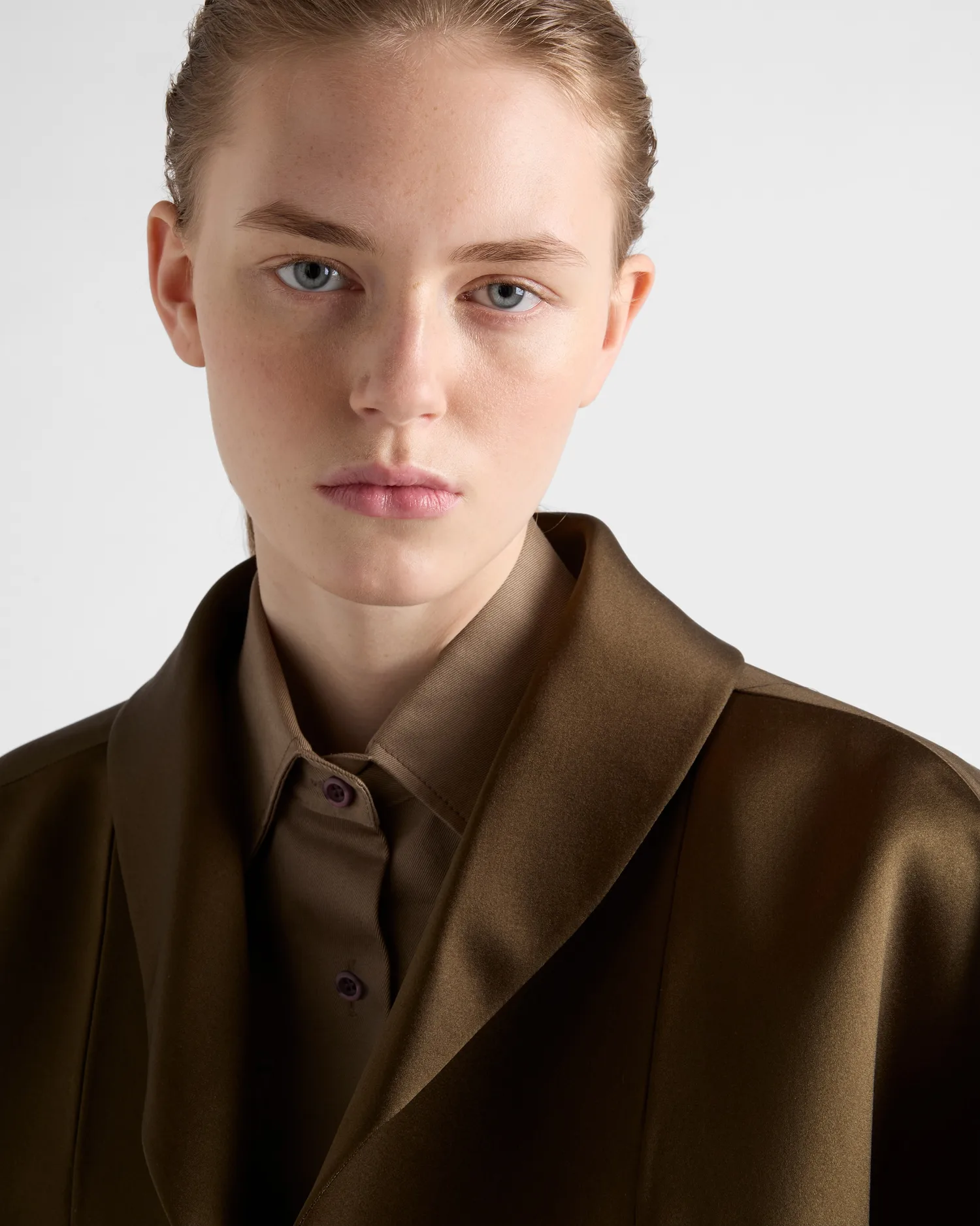 Однобортное пальто из двойного сатина Prada, хаки — фото 3