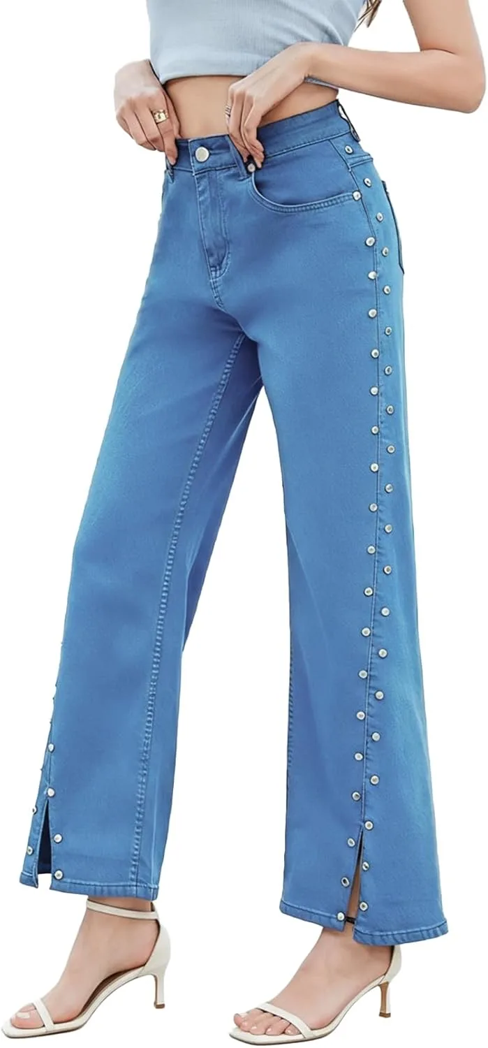 

Ladyful Женские джинсы прямого кроя с заклепками и высокой талией