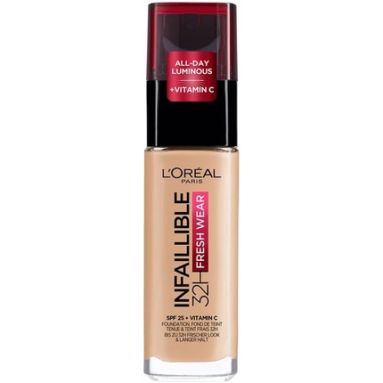 

L'Oréal Paris Infallible 32H Fresh Wear Foundation Стойкое покрытие с полным покрытием Невесомый гладкий финиш Водостойкий Устойчивый к переносу с витамином С SPF 25 30 мл 120 Золотая ваниль