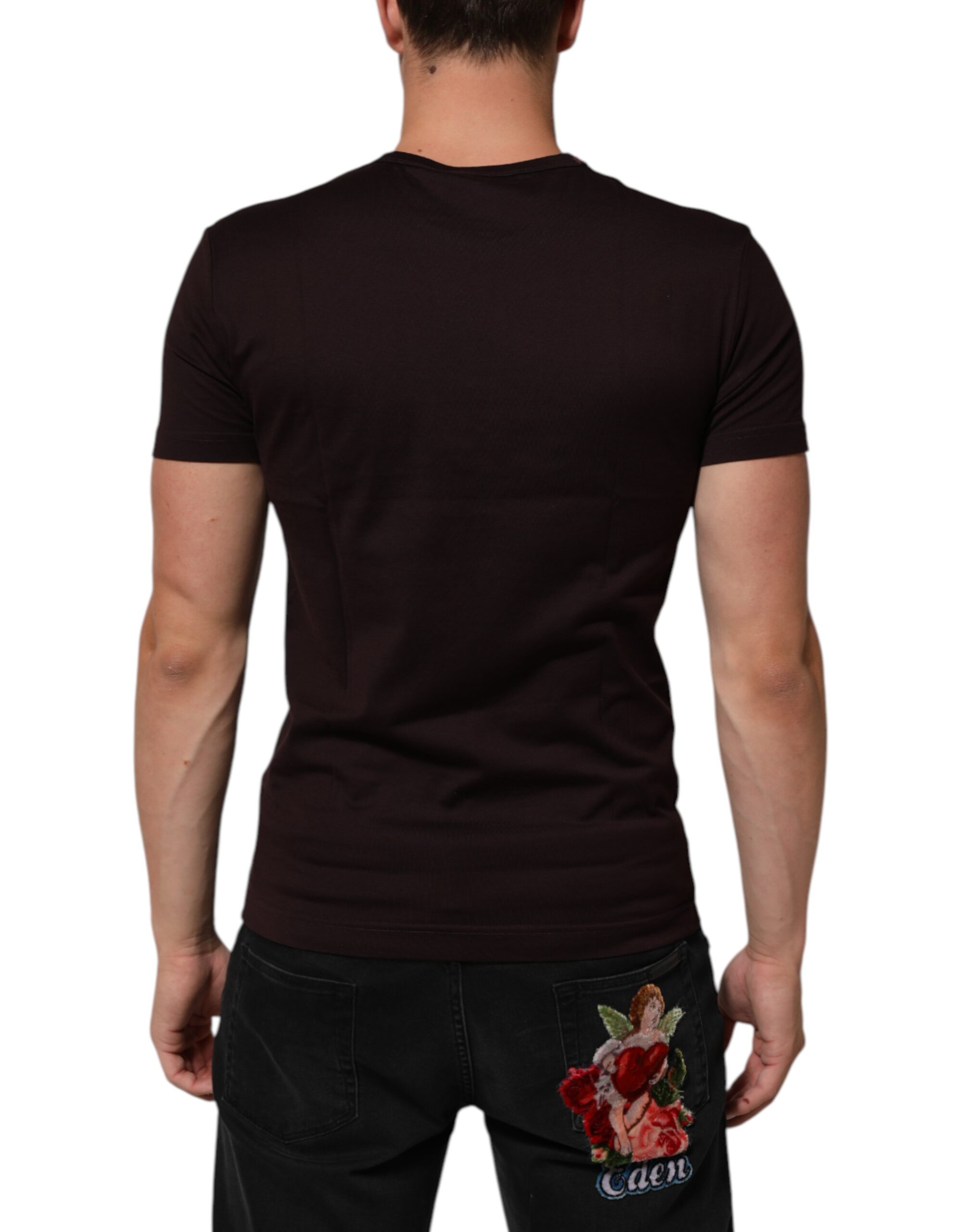 Коричневая хлопковая футболка с круглым вырезом и логотипом Dolce & Gabbana, коричневый — фото 3