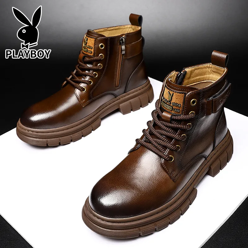Кожаные армейские ботинки из спилка для мужчин Playboy, черный [Fleece-Lined] — фото 4