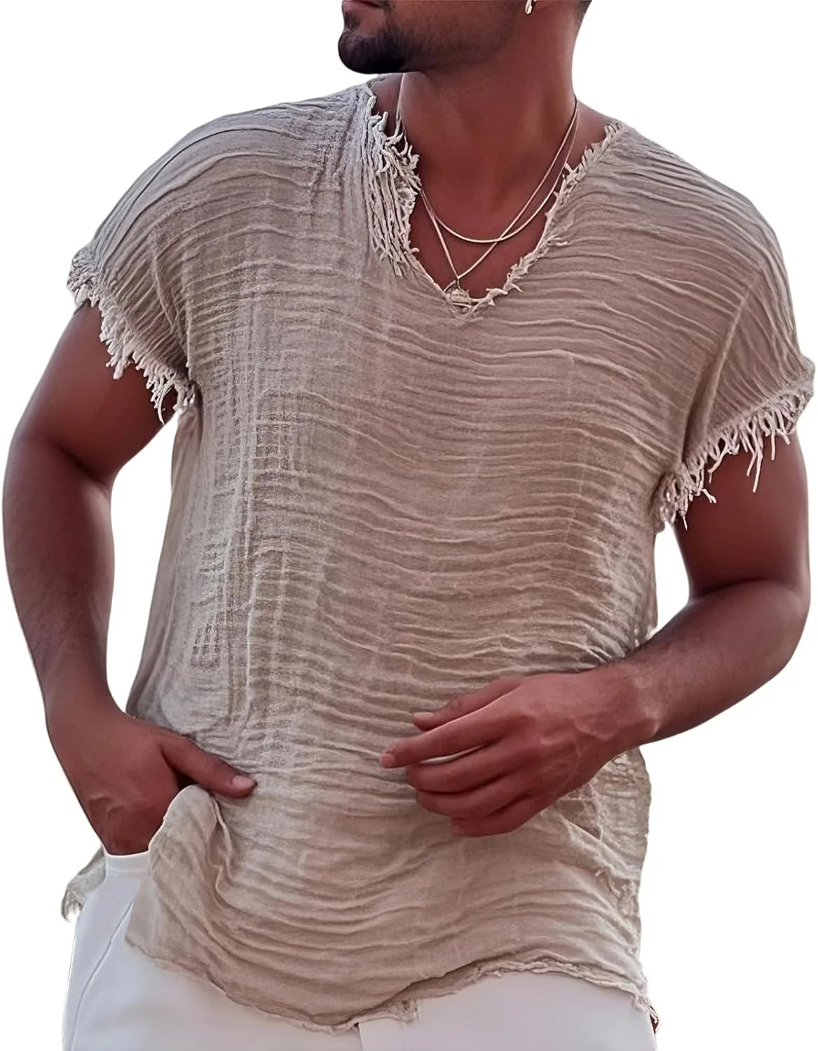 

Мужская футболка V-образного выреза с коротким рукавом из льна LGHLMCL