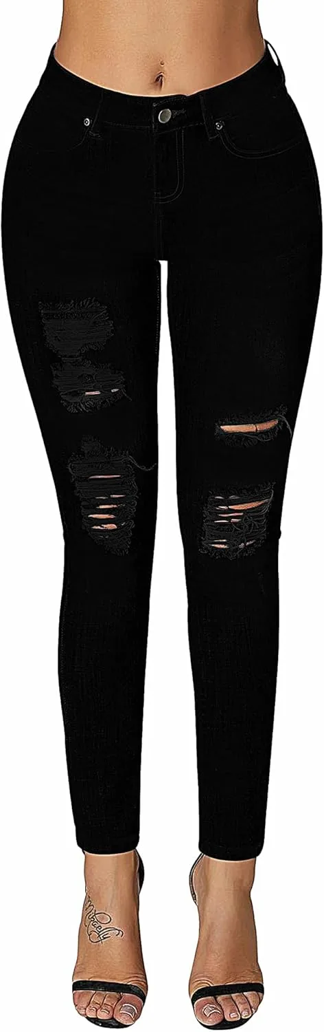 

Roswear Women's Essentials Ripped Mid Rise Destroyed Skinny Jeans