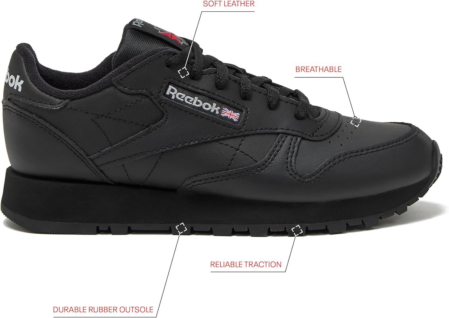 Кроссовки Reebok Classic Leather для детей и подростков, унисекс, для девочек и мальчиков, малышей, детей младшего или старшего возраста, черный — фото 2