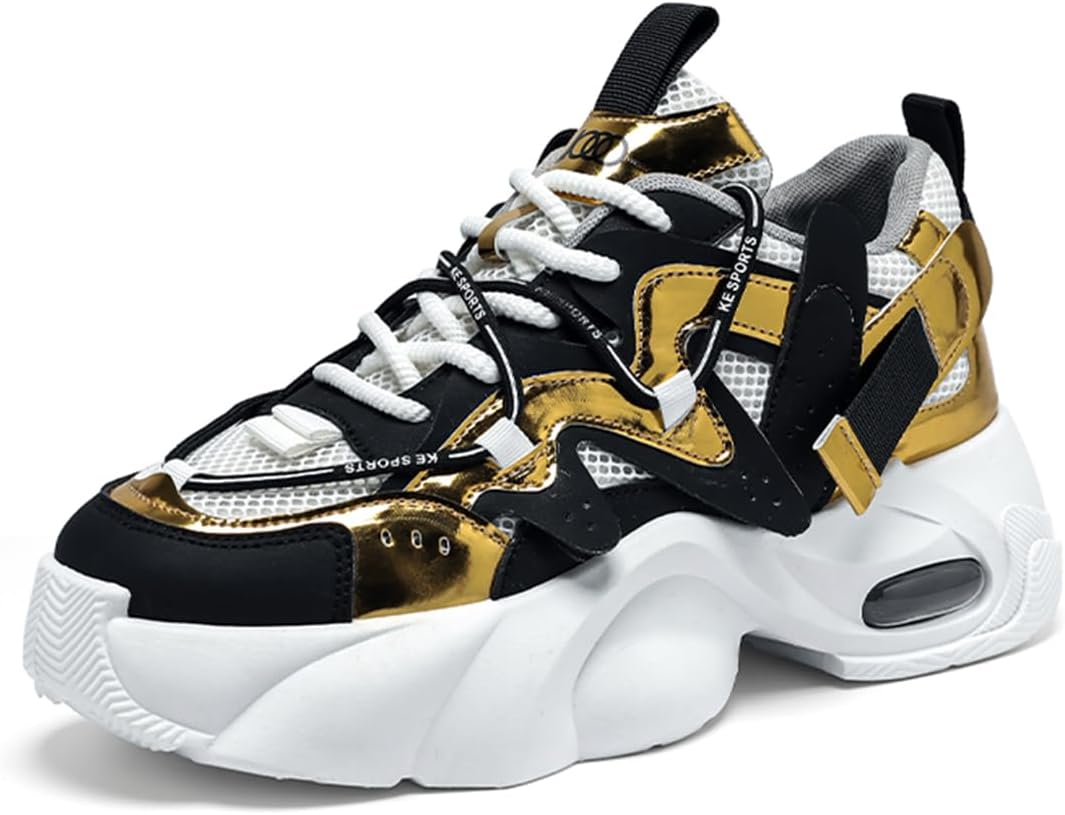 

Мужские массивные кроссовки на платформе с дышащей сеткой, шнуровкой, для ходьбы, комбинированные повседневные обувь из ПУ Lanverth, черный