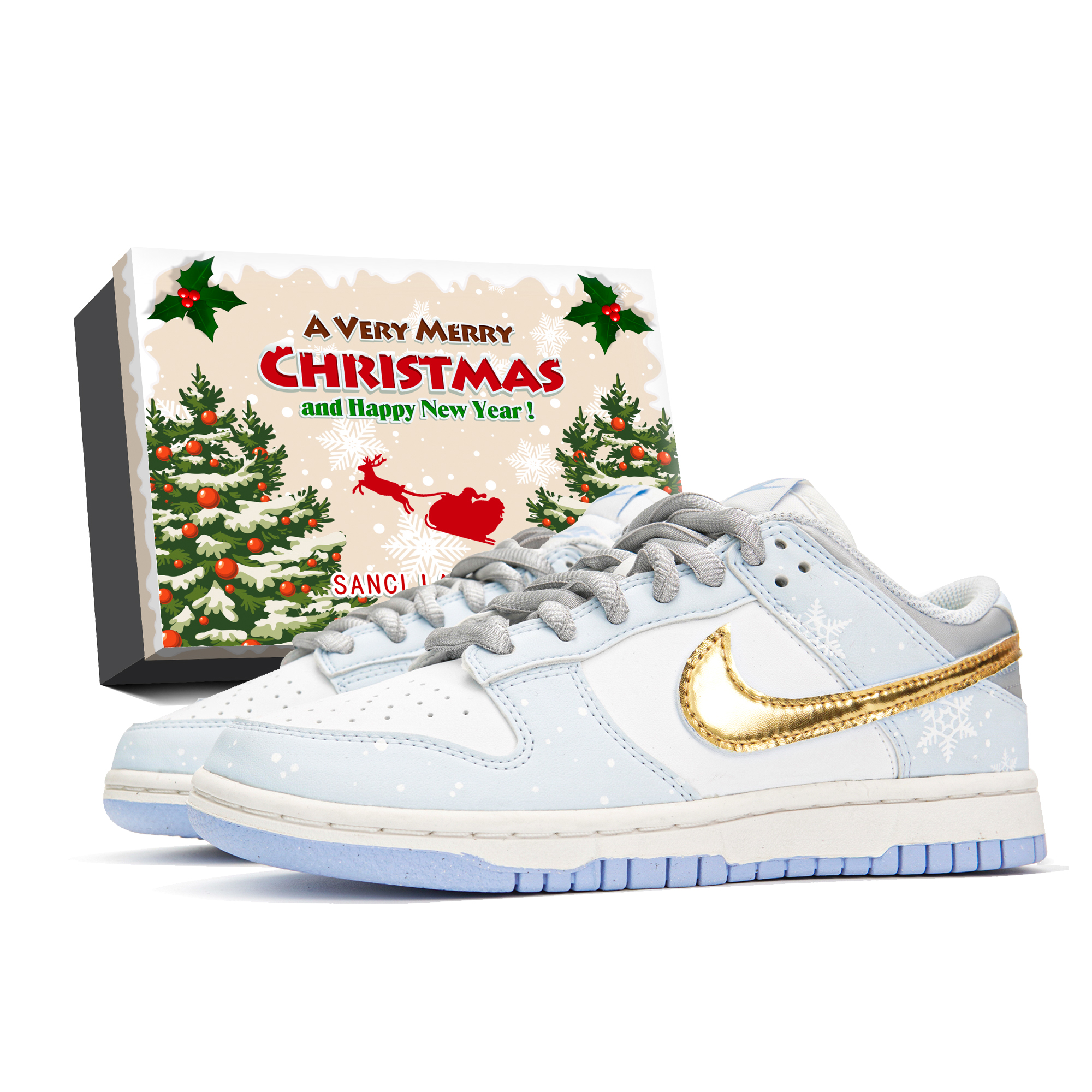 

Кроссовки Nike Dunk Skateboard Shoes Women's Low-Top White Blue Gold