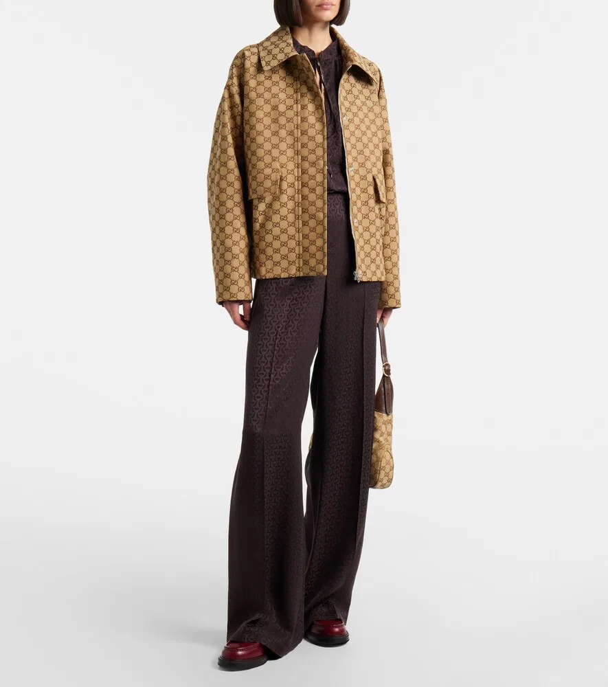 Брюки широкие Gucci жаккардовые шелковые, эластичный пояс, коричневый — фото 2