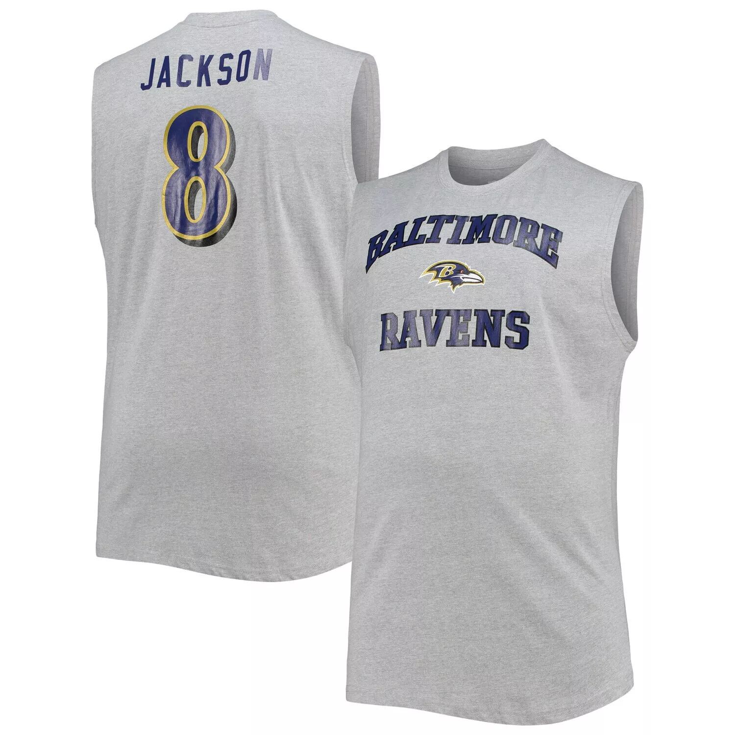 

Мужская майка Lamar Jackson Heathered Grey Baltimore Ravens Big & Tall с именем и номером игрока, мускулистая майка