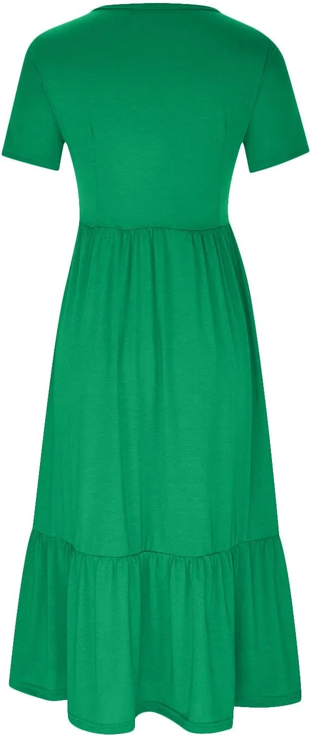 Женские повседневные летние платья: платье-трапеция с коротким рукавом и круглым вырезом, струящееся многослойное макси-платье для пляжа, свободное длинное платье с карманами Generic, зеленый — фото 4