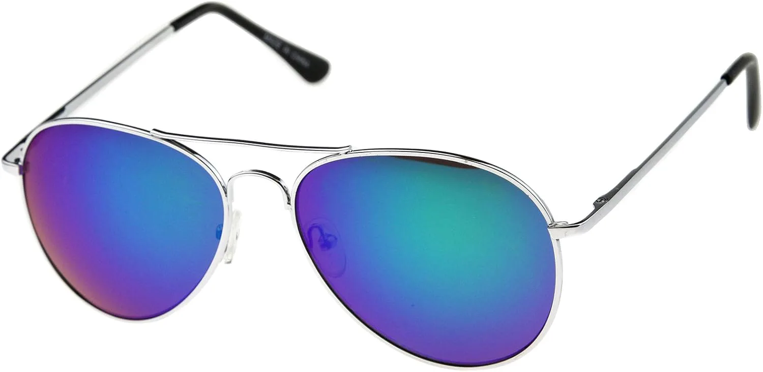 

Солнцезащитные очки-авиаторы zeroUV Classic с металлической оправой, пружинными шарнирами, цветными зеркальными линзами, диаметр линз 56 мм, Silver / Green Mirror