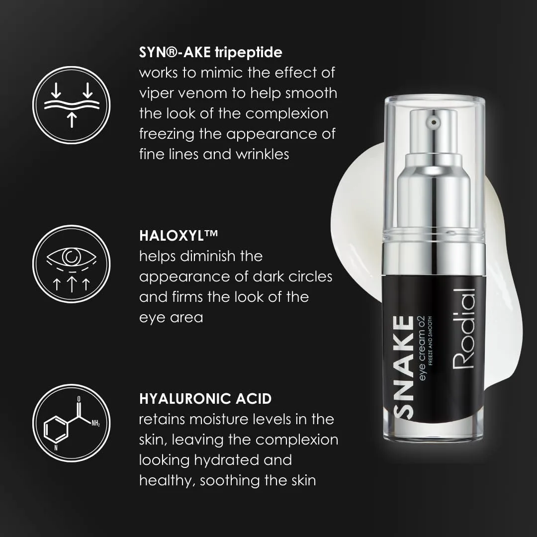 Крем для глаз Rodial Snake Eye Cream 02 0.51fl.oz, укрепляющий крем для глаз от морщин и тонких линий, легкая и бархатистая кремовая формула, трипептидная технология для выравнивания тона кожи. — фото 4