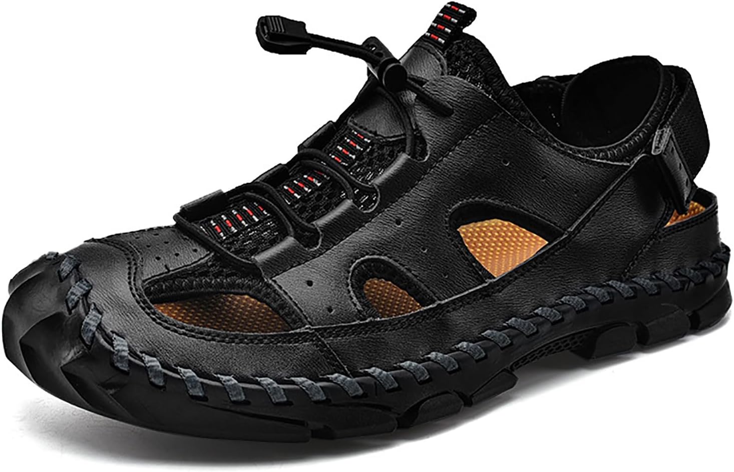 

Мужские сандалии EGEBS из кожи с ручной строчкой для рыбаков, с задней петлей-застежкой, повседневные, дышащие, с вырезами, закрытым носком, противоскользящие, плоские, водные, летние, для прогулок на пляже и на улице, черный