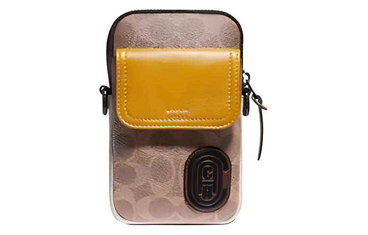 

COACH Холщовая сумка с кожаным чехлом для телефона Мини женская наплечная сумка через плечо Коричневая и желтая
