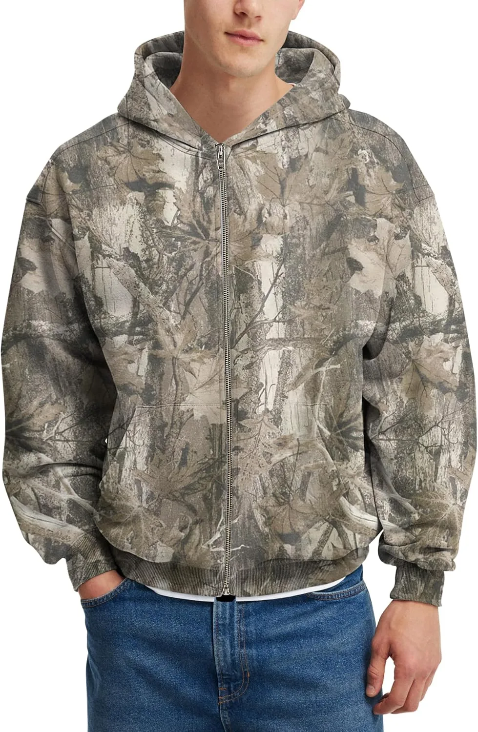 

Мужской камуфляжный худи с молнией оверсайз с принтом кленового листа Burtell