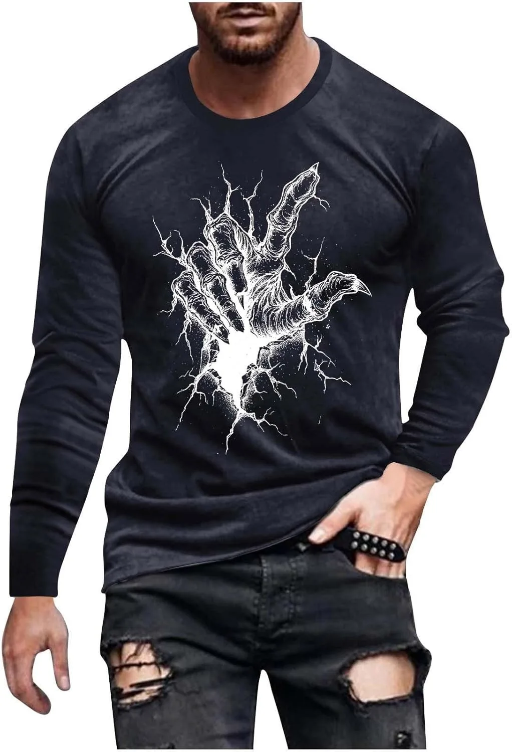 

Мужская футболка с длинным рукавом Halloween Skull Hand Graphic, Cotton Sdeycui