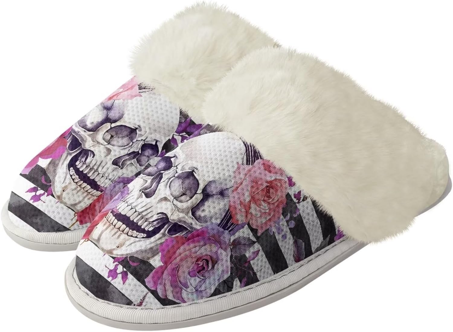 

Женские пушистые тапочки, мужские тапочки-слипоны для зимы, домашние туфли, удобные мягкие тапочки из махровой ткани, с нескользящей резиновой подошвой для ванной и дома Watdotory, Skull Rose