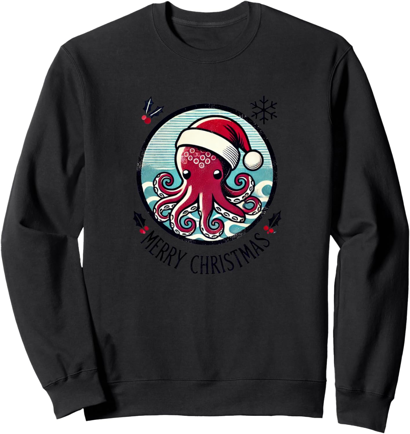 

Счастливого Рождества! Иллюстрация осьминога, милая толстовка с Сантой Retro Octopus Xmas Snugg, черный