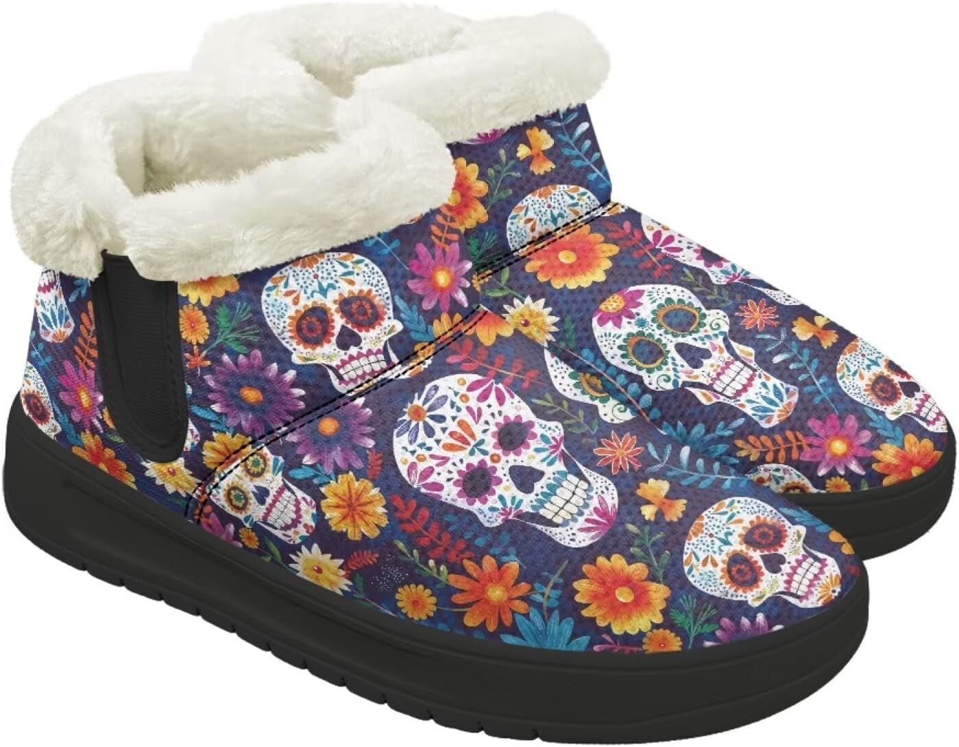 

Мужские зимние ботинки Qoiuvncy, повседневные сапоги для снега, для мужчин, уютные с меховой подкладкой, теплые, с низким верхом, Floral Skull