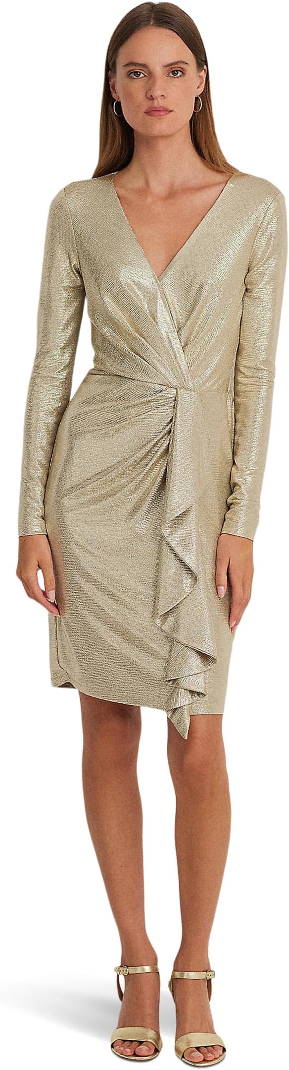 

Платье Lauren Ralph Lauren Metallic Knit Surplice Cocktail Dress, цвет Birch Tan/Gold Foil